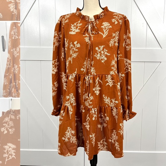 SHEIN Dresses & Skirts - SHEIN Boho Rust Brown/Burnt Orange Floral Swing Dress